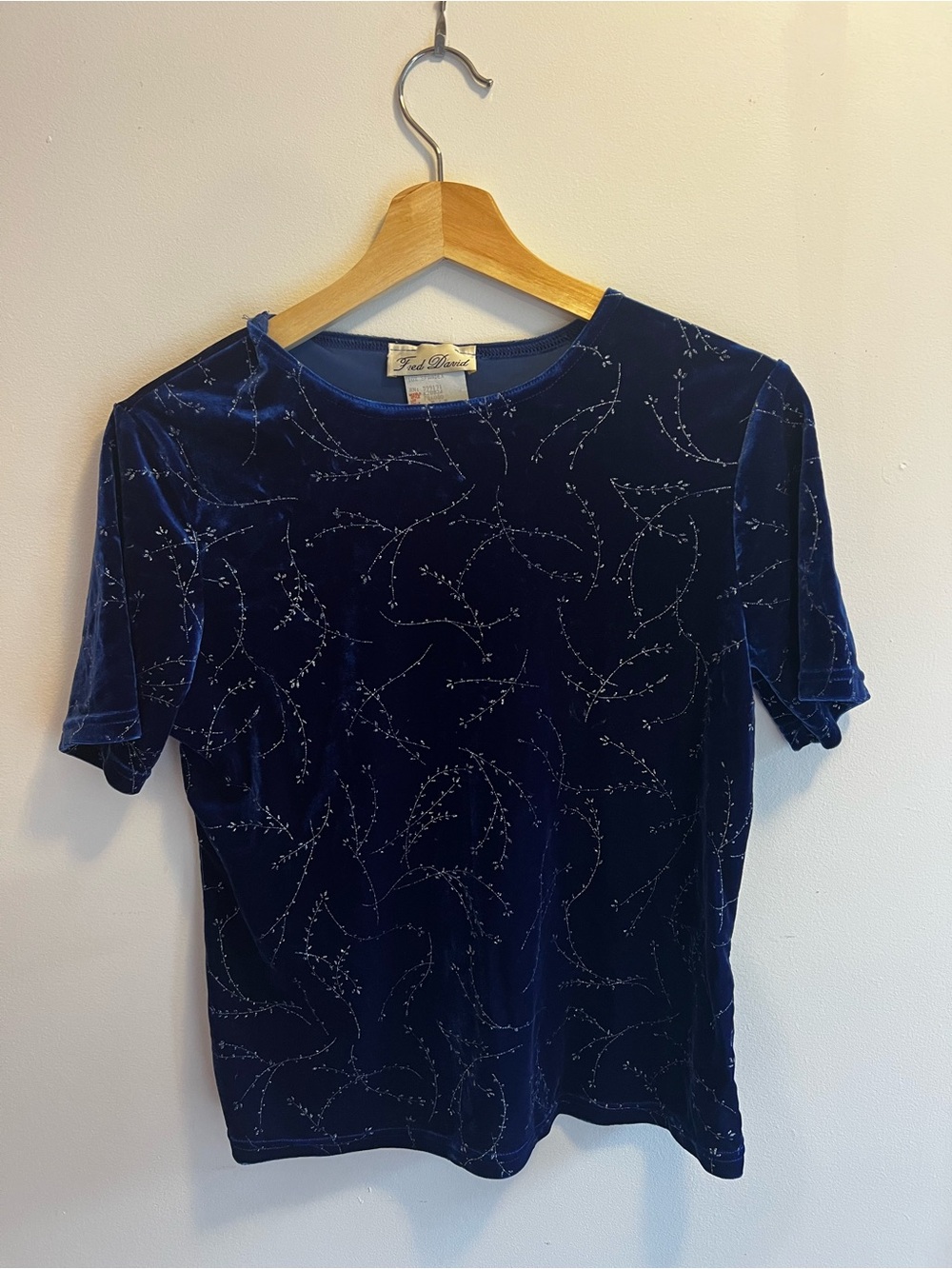 Fred David Navy Blue Velvet Short Sleeve Top with Silver Vine Detail